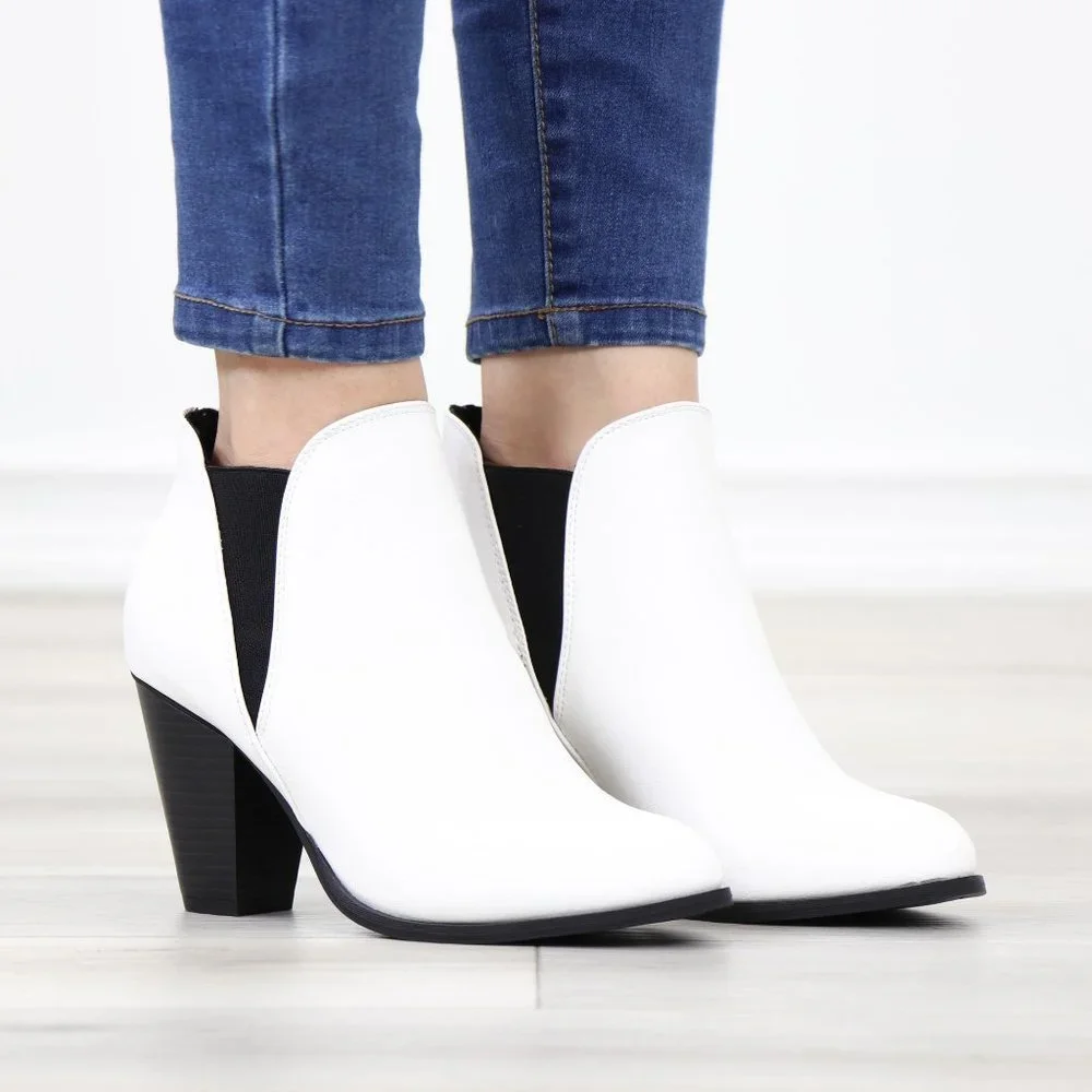 Chelsea Cone High Heel Ankle Boots White Synthetic Leather Pointed Toe - Picture 2 of 12